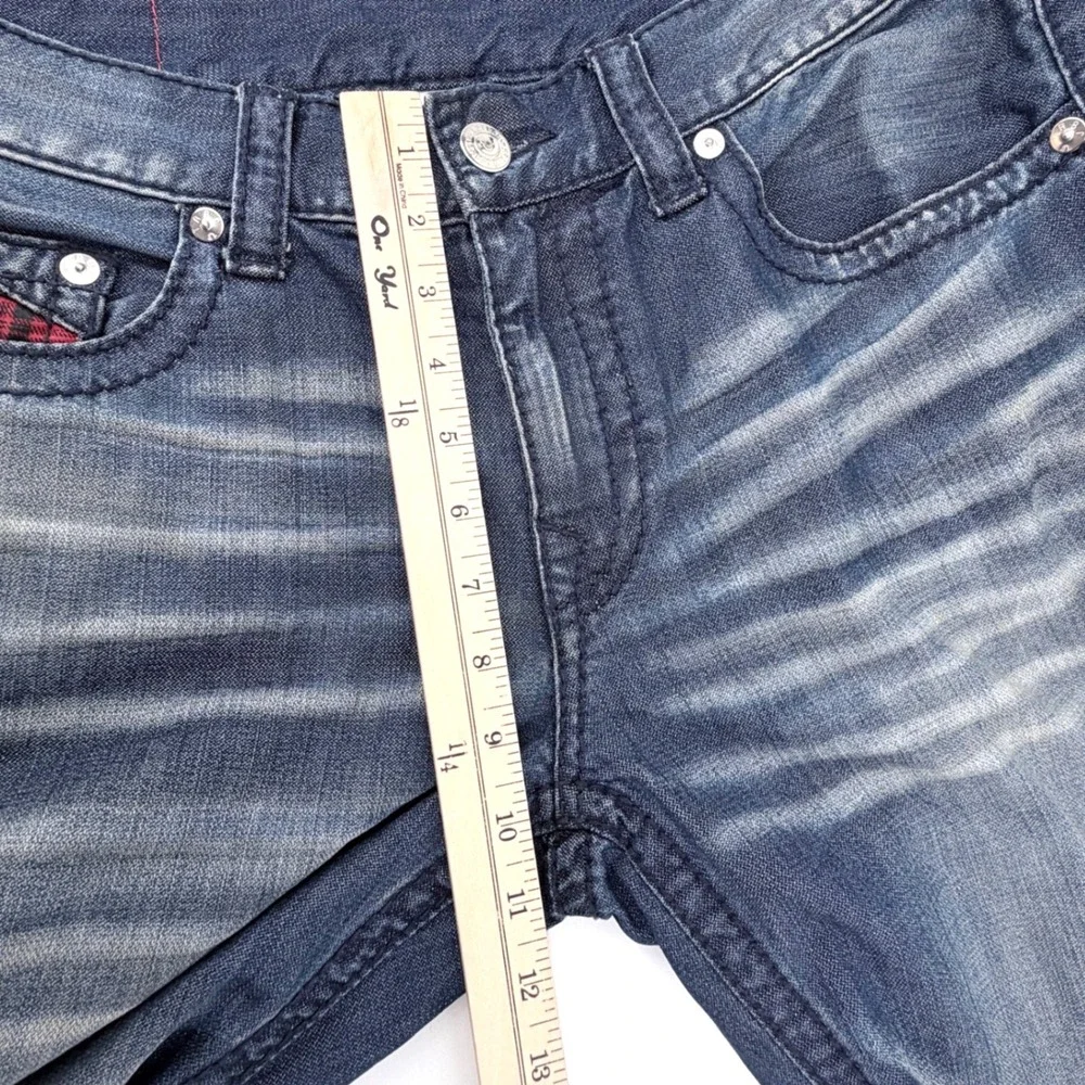 True Religion Slim Jeans Mens 34 Blue‎ Exc Faded Whiskered Red Plaid Straight